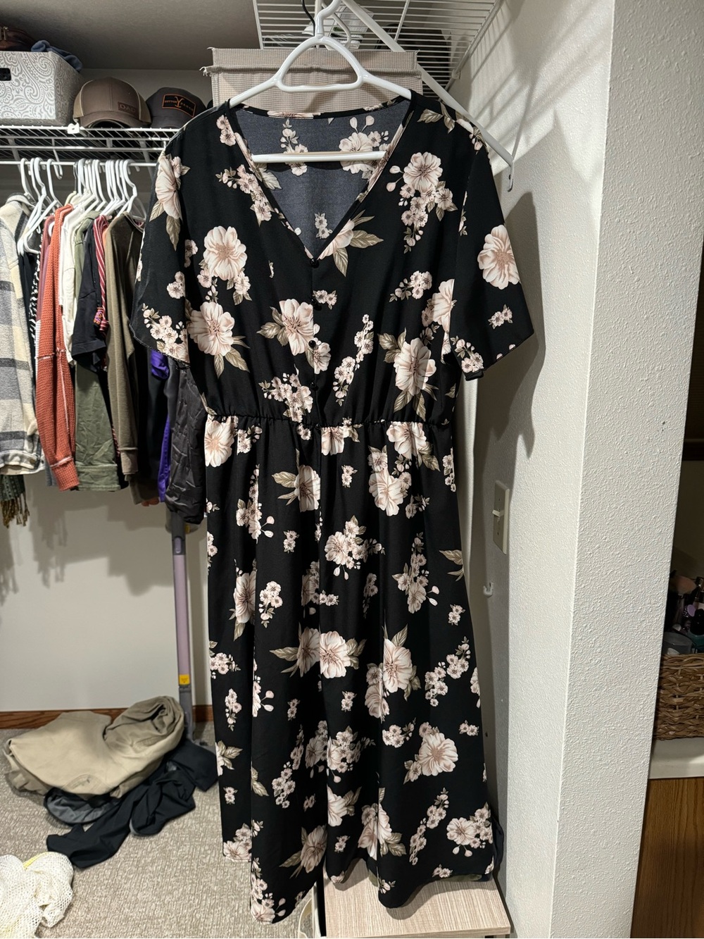SHEIN Black Midi Dress with Cream Floral Print